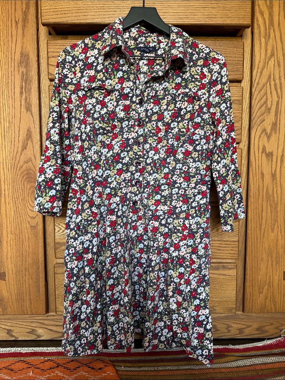 Lands' End Navy Floral Button-Front Dress